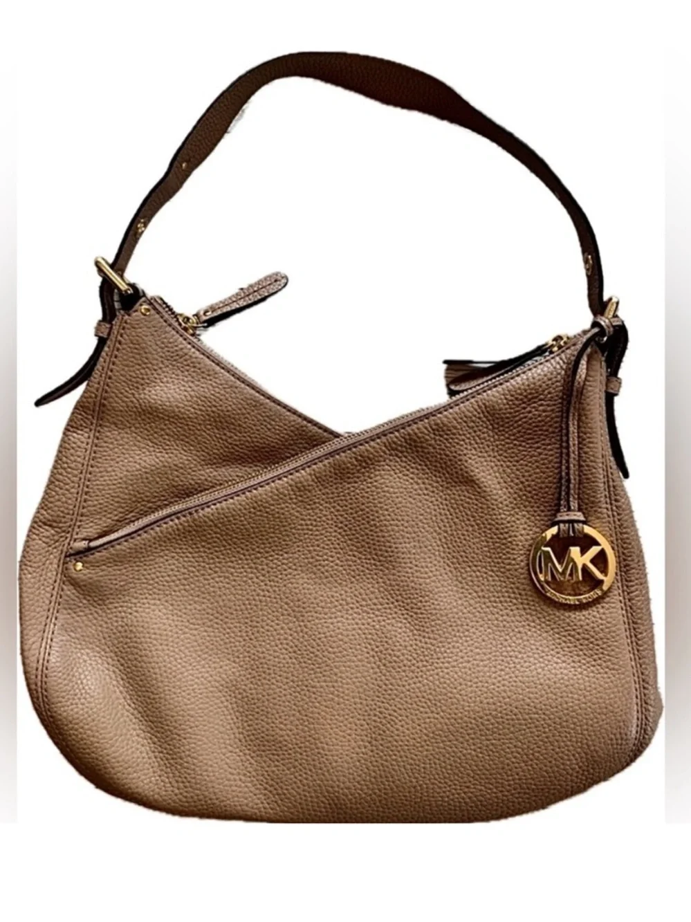 Michael Kors Lea Shoulder Bag Asymmetrical Zip 3 Compartment Tan Leather